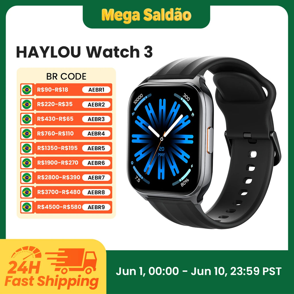 Smartwatch HAYLOU Watch 3 com Chamada de Voz Tela AMOLED de 1,85'' Monitoramento de Saúde 24h 150+ Modos Esportivos Relógio Inteligente À Prova d'Água 1ATM