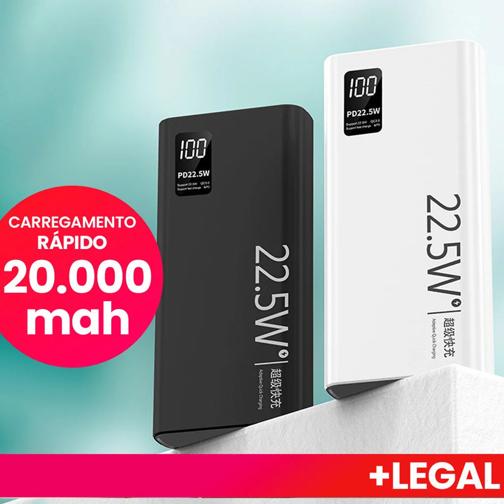 Carregador Portátil Turbo 20000mAh Super Carga Rápida Tela LCD Compacto