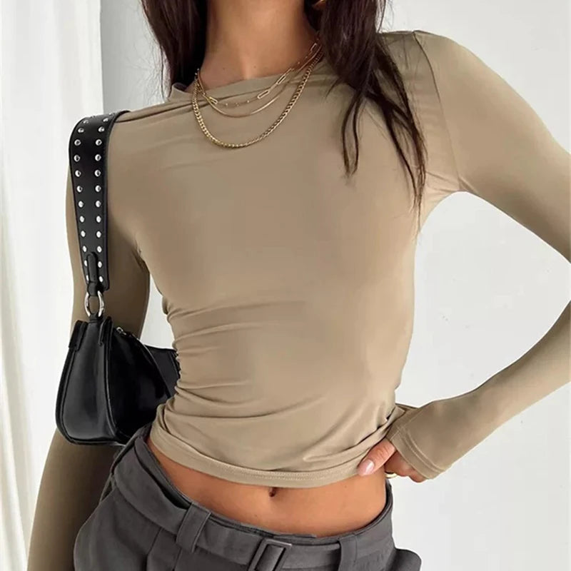 T-shirt Feminina Tushangge Manga Longa Outono Inverno Sólida Casual Pulôveres Camiseta Y2K Roupas Streetwear Cropped - Preto M
