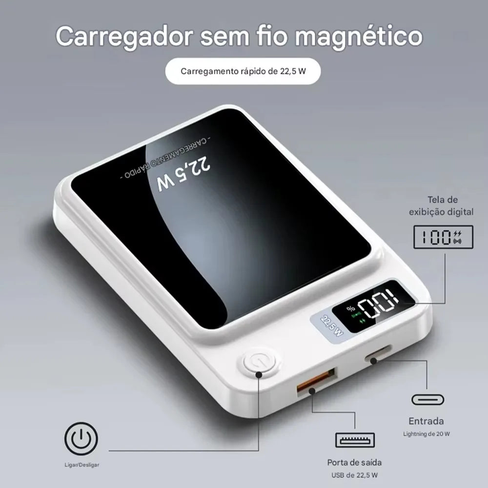 Carregador Portátil 10000mAh Indução Sem Fio Base Magnética