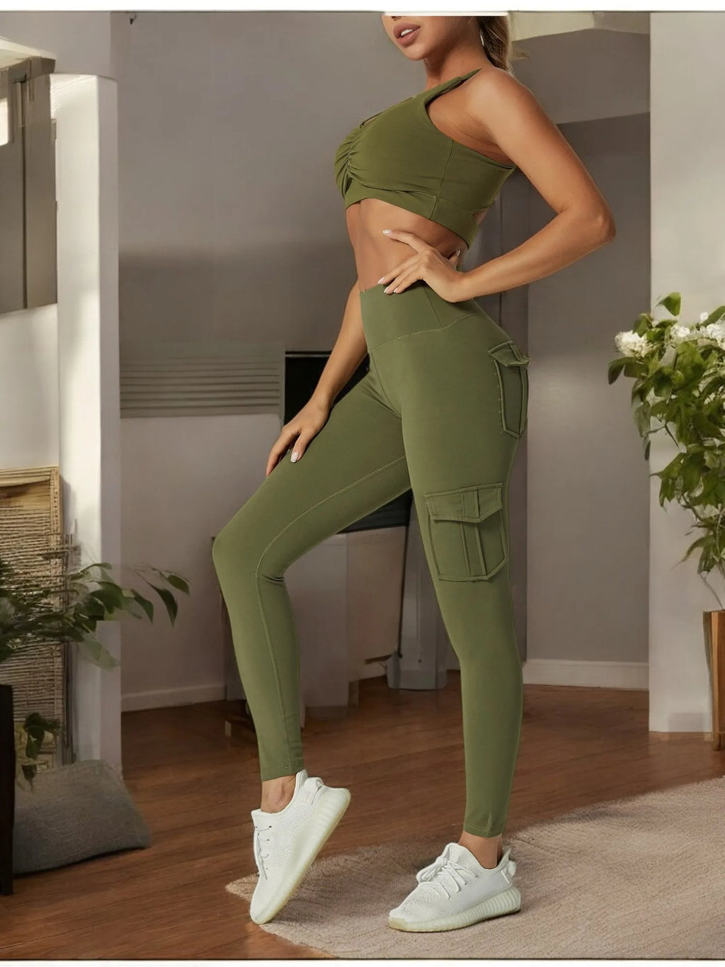 Roupa Esportiva Feminina para Academia e Yoga, Legging Esportiva Feminina com 4 Bolsos, Cós Alto, Elástica, Compressão na Barriga, para Fitness e Corrida