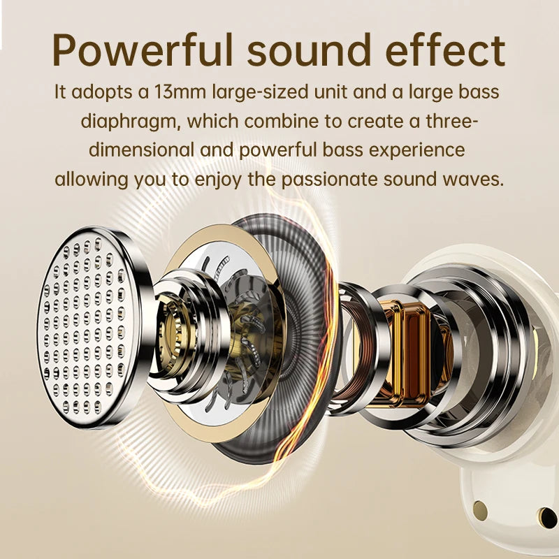 Brand new wireless earbuds, featuring 5.4mm wireless stereo sound with deep bass, a noise-canceling microphone, LED display