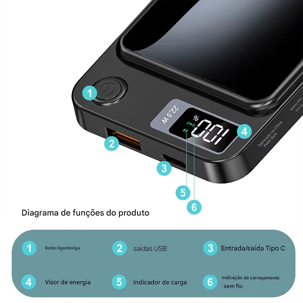 Carregador Portátil 10000mAh Indução Sem Fio Base Magnética