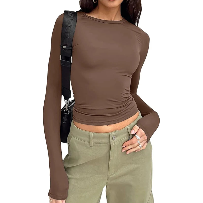 T-shirt Feminina Tushangge Manga Longa Outono Inverno Sólida Casual Pulôveres Camiseta Y2K Roupas Streetwear Cropped - Preto M