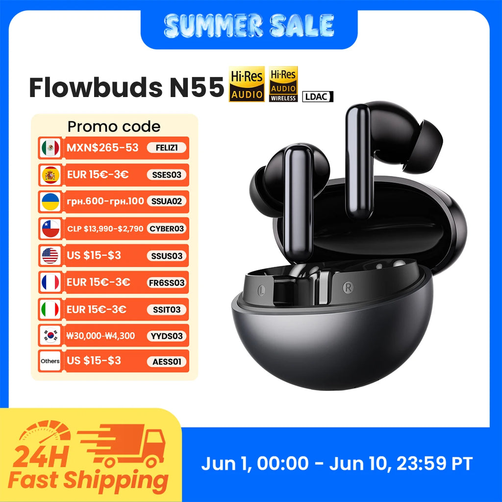 Fones de ouvido sem fio HAYLOU Flowbuds N55 ANC adaptativo de 54dB Bluetooth 6.0 Áudio LDAC Hi-Res 6 microfones para chamadas HD Reprodução de 40H IPX5