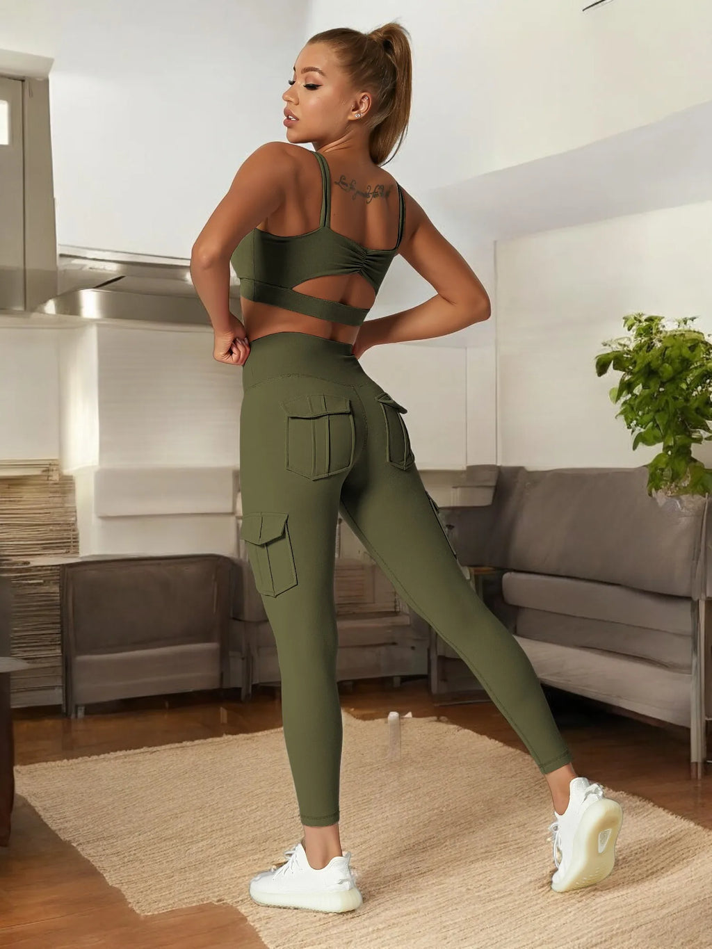 Roupa Esportiva Feminina para Academia e Yoga, Legging Esportiva Feminina com 4 Bolsos, Cós Alto, Elástica, Compressão na Barriga, para Fitness e Corrida