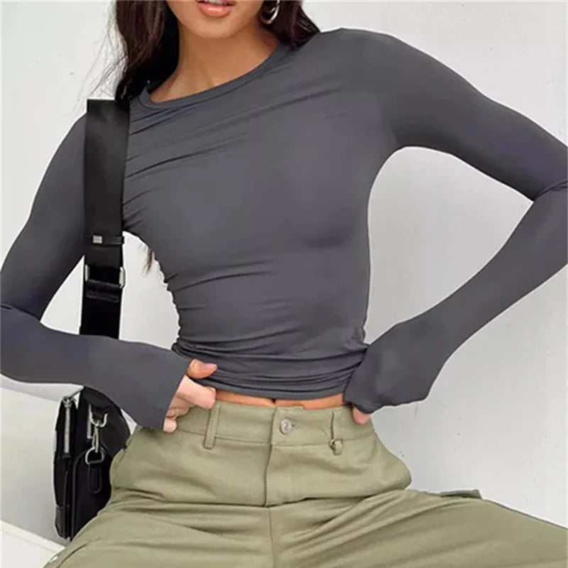 T-shirt Feminina Tushangge Manga Longa Outono Inverno Sólida Casual Pulôveres Camiseta Y2K Roupas Streetwear Cropped - Preto M