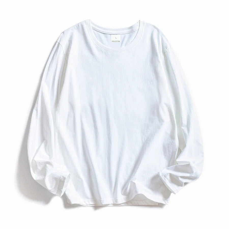 Wavlatii Mulheres Camisetas Gola Redonda Manga Longa Blusas Brancas de Algodão Femininas Macias Casuais Tees Camiseta Feminina Preta - BRANCO XXXG
