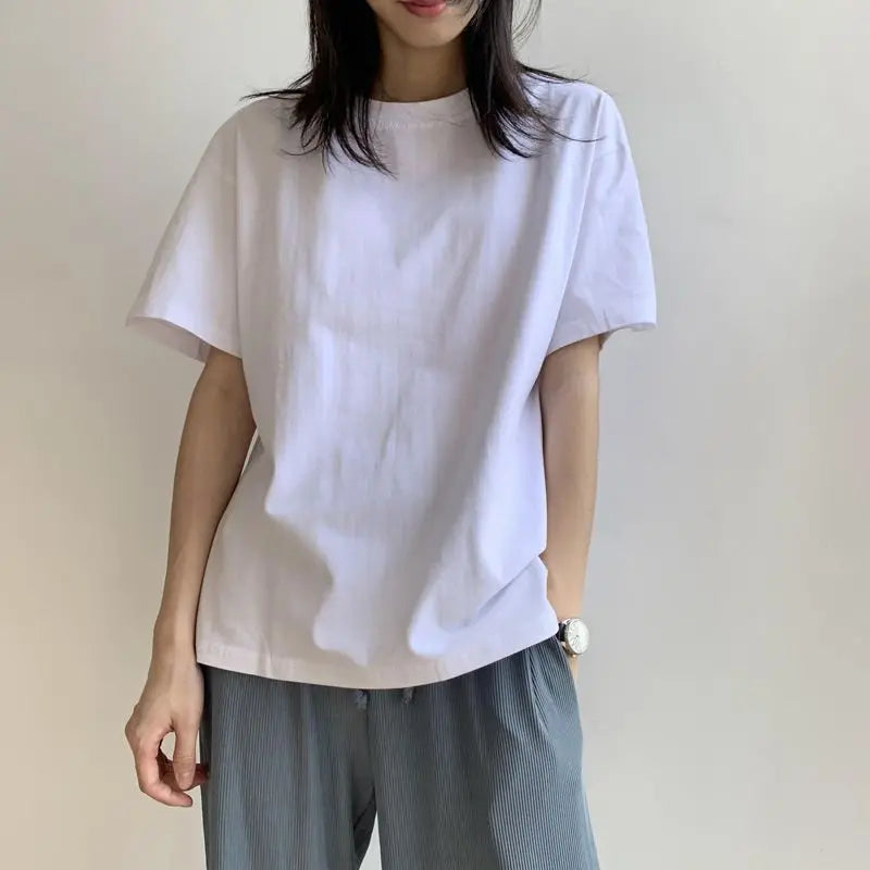 Summer Casual 100 Cotton Regular Fit Women Crew Neck Basic White T Shirts - YELLOW M 45kg-55kg
