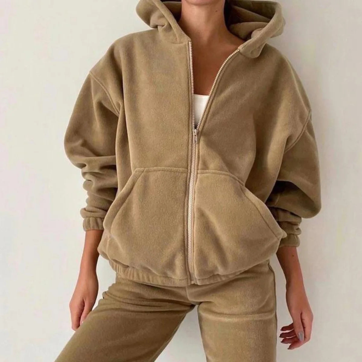 Conjunto Feminino Casual de Moletom de Lã com Capuz Duas Peças Jaqueta com Zíper e Calça Harem Roupa de Outono Inverno Moda Streetwear Agasalho
