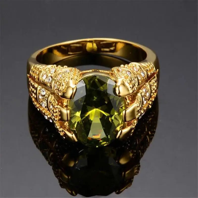 New Fashion Male Peridot Oval Finger Ring Luxury Big Crystal Zircon Stone Ring 14KT Yellow Gold Promise Engagement Rings For Men