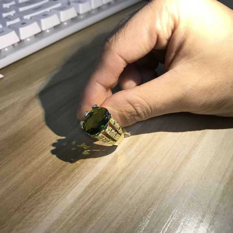 Anel De Dedo Masculino De Peridoto Oval Moda Nova Anel De Pedra De Zircônia De Cristal Grande De Luxo Anéis De Noivado De Promessa De Ouro Amarelo 14K Para Homens