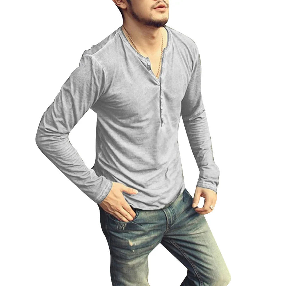 Camiseta Masculina Gola V Manga Longa Estilosa Botões Camiseta Outono 2026 Casual Henley Lisa Roupa Masculina 5XL