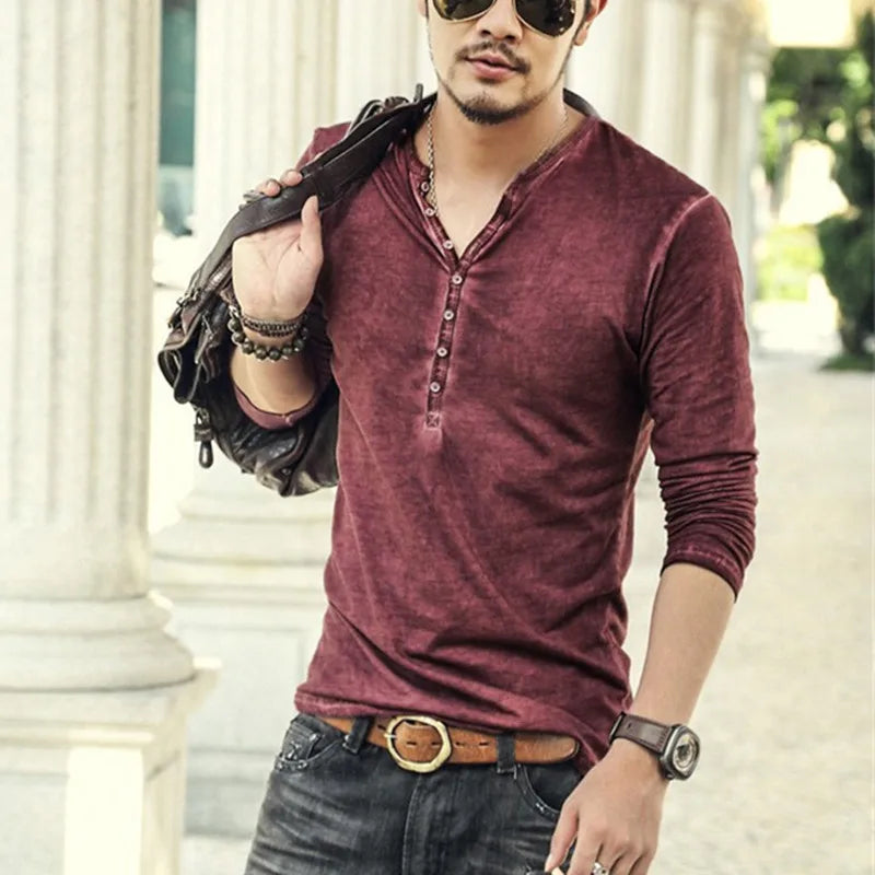 Camiseta Masculina Gola V Manga Longa Estilosa Botões Camiseta Outono 2026 Casual Henley Lisa Roupa Masculina 5XL