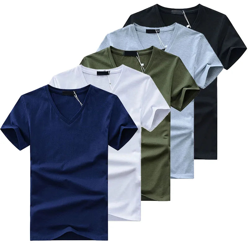 5 Peças/Lote Camisetas Masculinas de Moda de Alta Qualidade Gola V Manga Curta Camiseta Casual Lisa Masculina de Algodão Tops Roupa de Verão