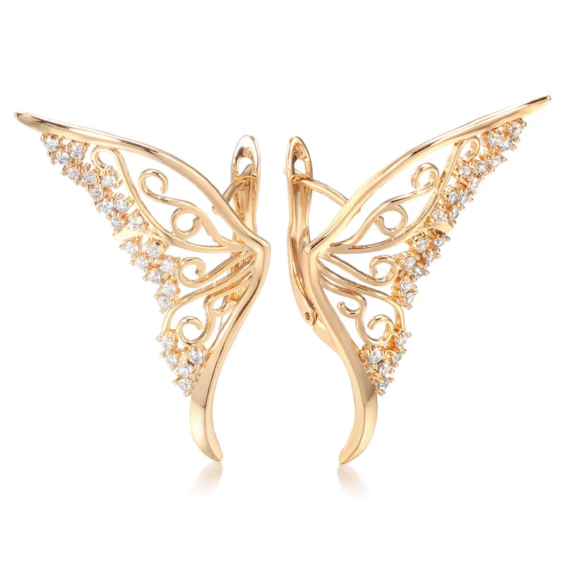 Brinco Feminino Kinel Luxo Ouro Rosê 585 Bling Zircônia Natural Deslumbrante Oco Borboleta Tipo Tarraxa Joia de Casamento de Presente