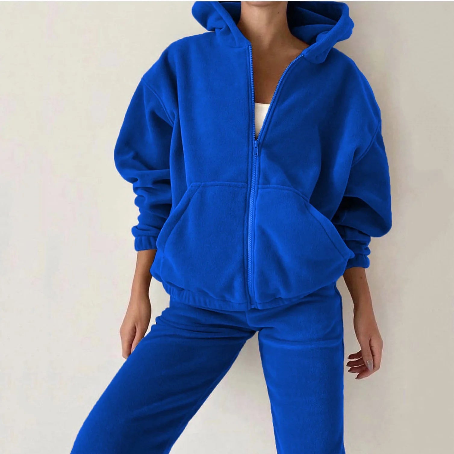 Conjunto Feminino Casual de Moletom de Lã com Capuz Duas Peças Jaqueta com Zíper e Calça Harem Roupa de Outono Inverno Moda Streetwear Agasalho