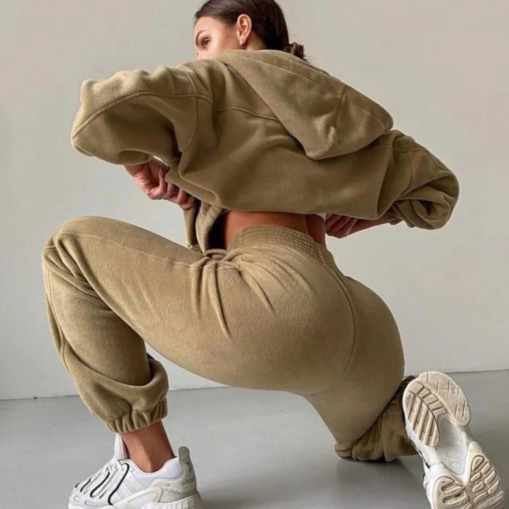 Conjunto Feminino Casual de Moletom de Lã com Capuz Duas Peças Jaqueta com Zíper e Calça Harem Roupa de Outono Inverno Moda Streetwear Agasalho