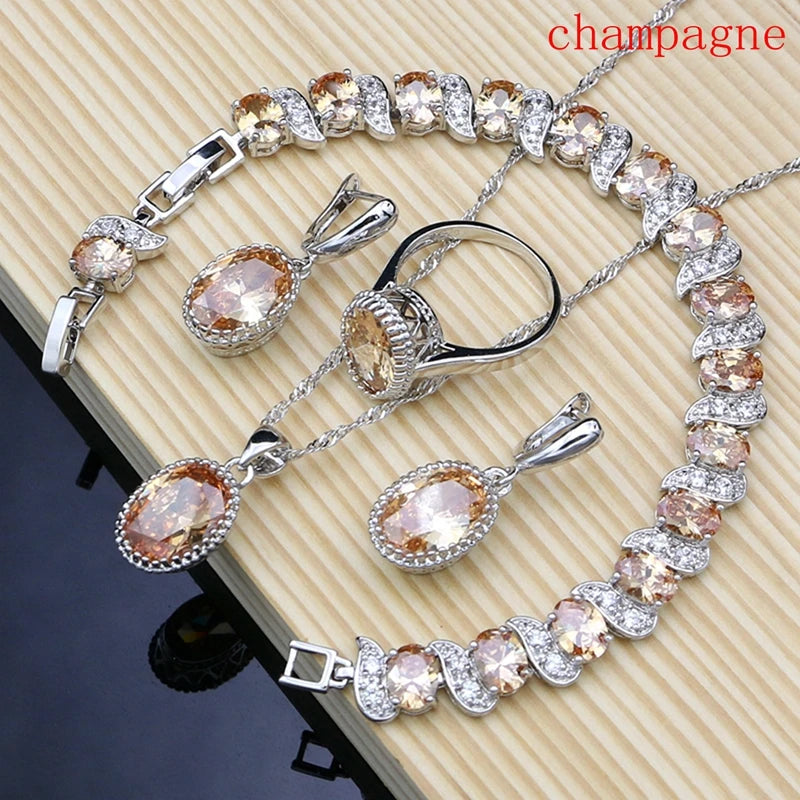 Conjuntos de joias de noiva prata 925 zircônia champanhe para mulheres brincos/pingente/colar/anéis/pulseira