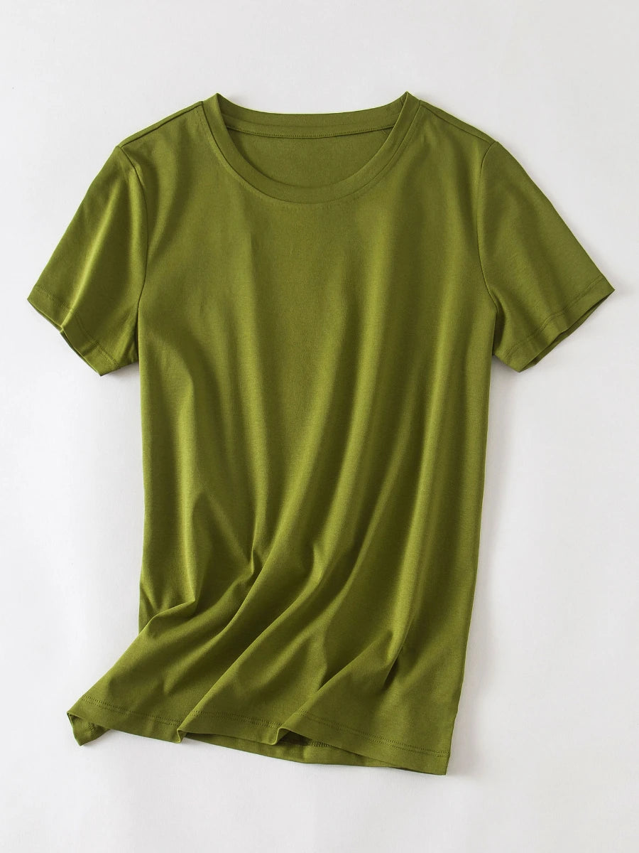 Camiseta Feminina Verão 2026 Gola V Manga Curta Algodão Casual Sólida Top Tees Solta Camisetas Básicas Camisas Femininas Tops Camisetas Femininas - verde escuro gola redonda P