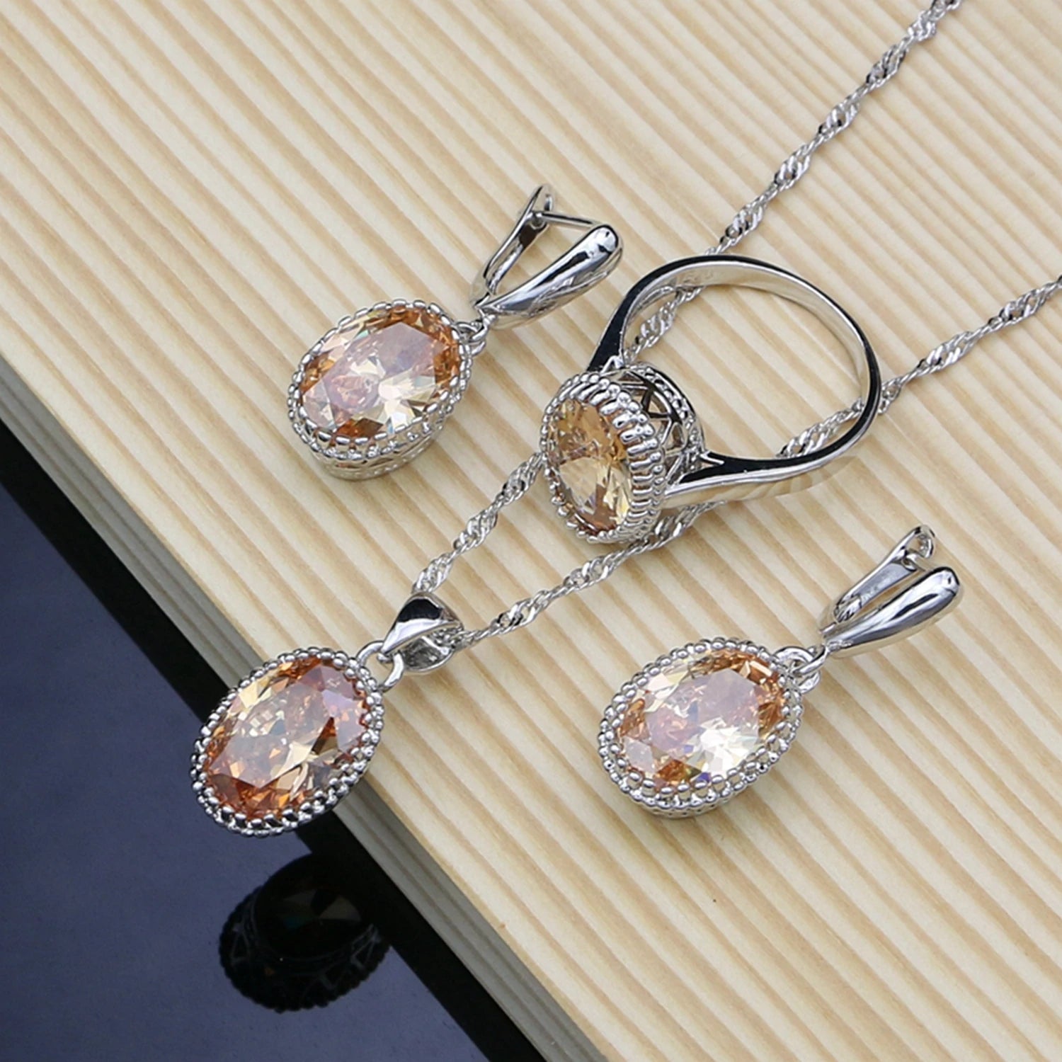 Conjuntos de joias de noiva prata 925 zircônia champanhe para mulheres brincos/pingente/colar/anéis/pulseira