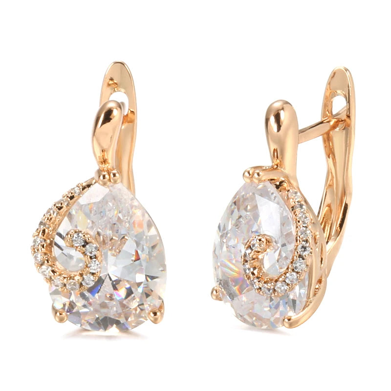 Kinel Hot Water Drop Natural Zircon Stud Earrings For Women 585 Rose Gold Color Bride Wedding Fashion Party Daily Fine Jewelry