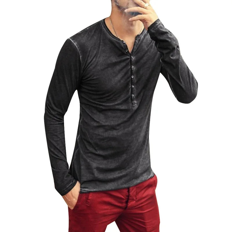 Camiseta Masculina Gola V Manga Longa Estilosa Botões Camiseta Outono 2026 Casual Henley Lisa Roupa Masculina 5XL