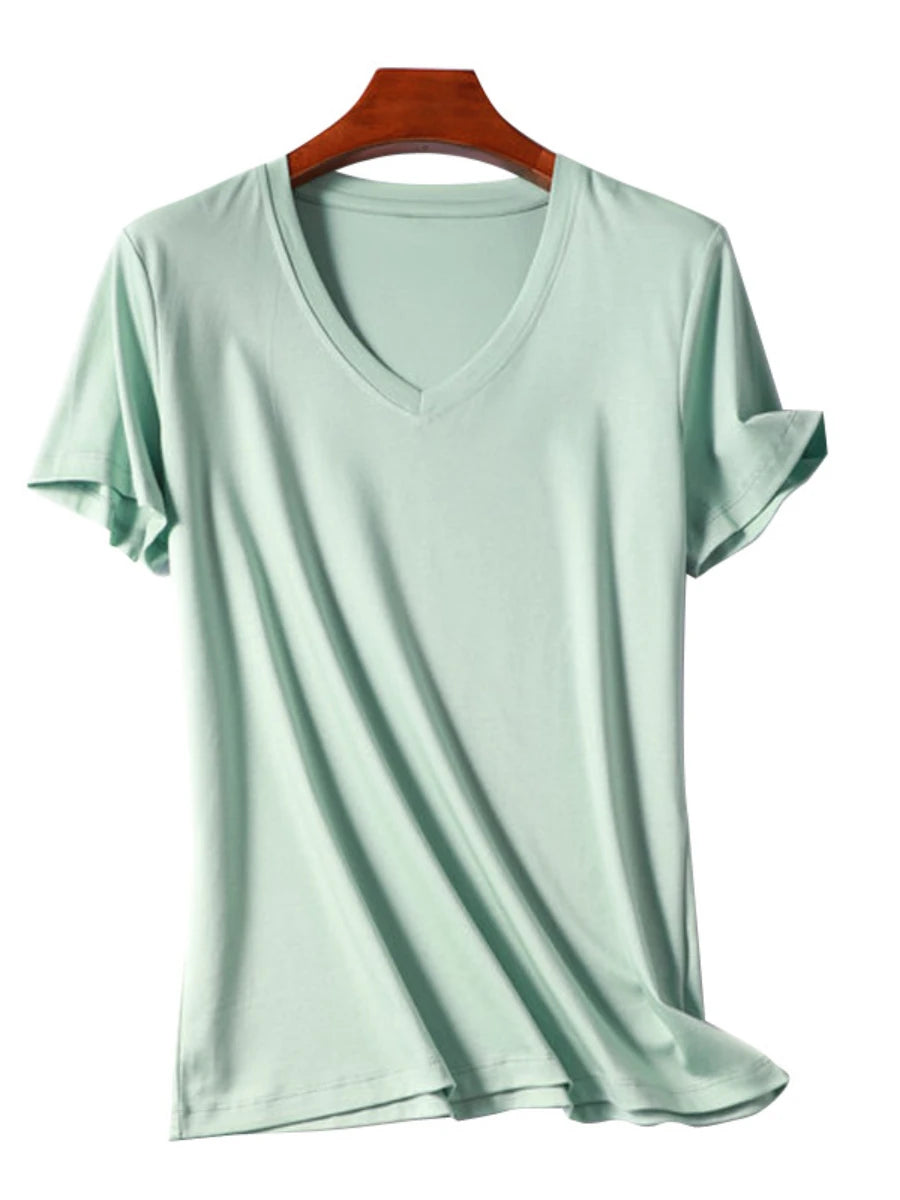 Camiseta Feminina Verão 2026 Gola V Manga Curta Algodão Casual Sólida Top Tees Solta Camisetas Básicas Camisas Femininas Tops Camisetas Femininas - verde escuro gola redonda P
