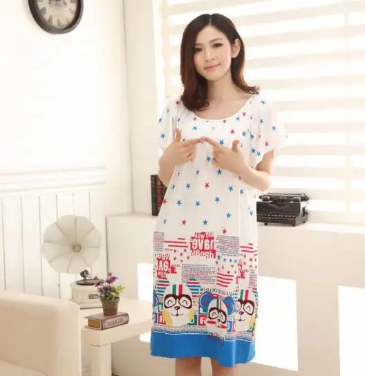 Camisolas Estampadas Femininas Lounge Nova Seda Algodão Roupa de Dormir Vestido de Verão Casual Solto Vestido de Noite Feminino Camisas de Dormir
