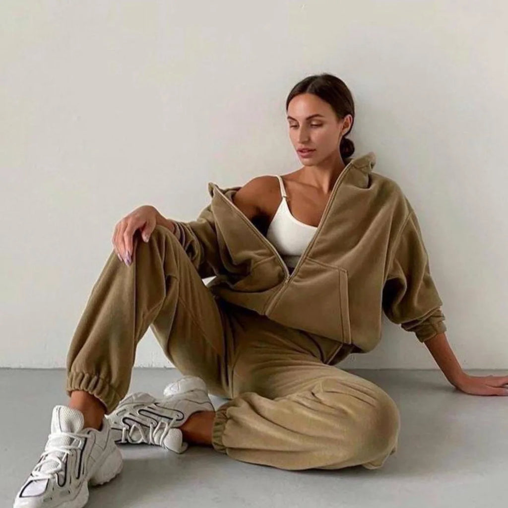 Conjunto Feminino Casual de Moletom de Lã com Capuz Duas Peças Jaqueta com Zíper e Calça Harem Roupa de Outono Inverno Moda Streetwear Agasalho