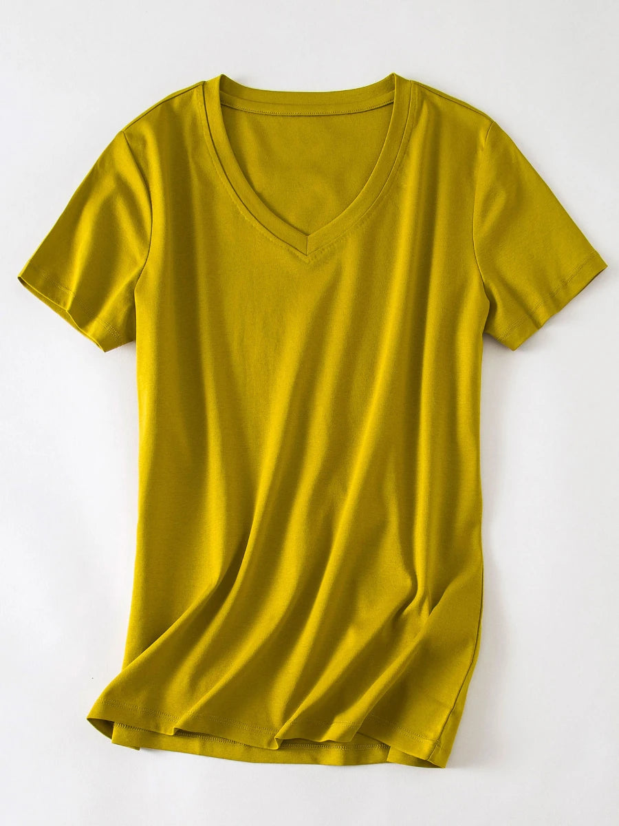 Camiseta Feminina Verão 2026 Gola V Manga Curta Algodão Casual Sólida Top Tees Solta Camisetas Básicas Camisas Femininas Tops Camisetas Femininas - verde escuro gola redonda P