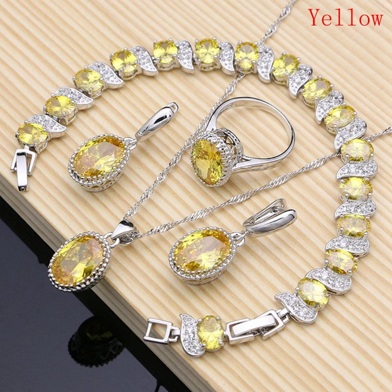 Conjuntos de joias de noiva prata 925 zircônia champanhe para mulheres brincos/pingente/colar/anéis/pulseira