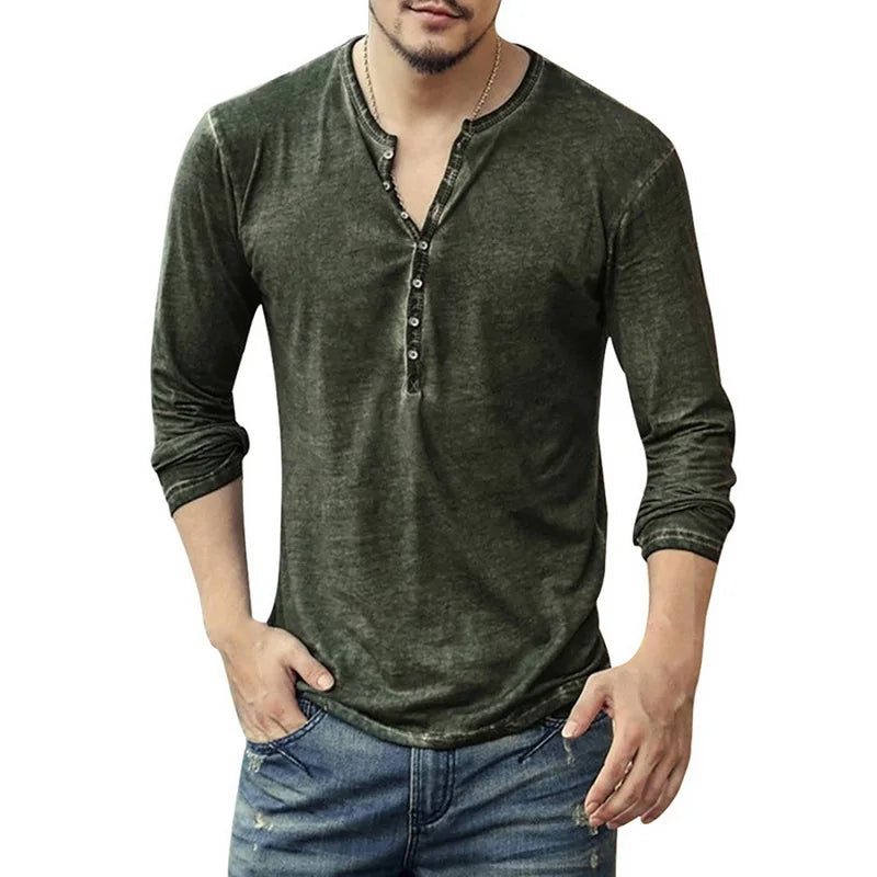 Camiseta Masculina Gola V Manga Longa Estilosa Botões Camiseta Outono 2026 Casual Henley Lisa Roupa Masculina 5XL