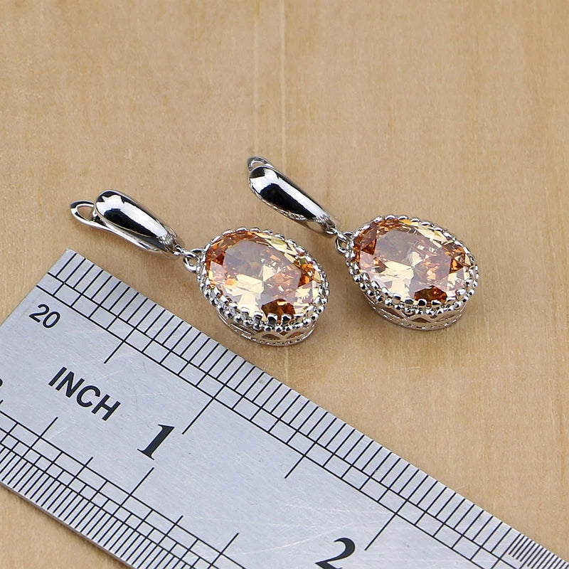 Silver 925 Bridal Jewelry Champagne Zircon Jewelry Sets For Women Earrings/Pendant/Necklace/Rings/Bracelet
