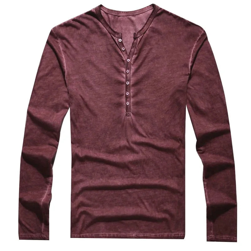 Camiseta Masculina Gola V Manga Longa Estilosa Botões Camiseta Outono 2026 Casual Henley Lisa Roupa Masculina 5XL