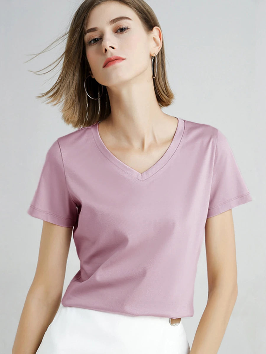 Camiseta Feminina Verão 2026 Gola V Manga Curta Algodão Casual Sólida Top Tees Solta Camisetas Básicas Camisas Femininas Tops Camisetas Femininas - verde escuro gola redonda P