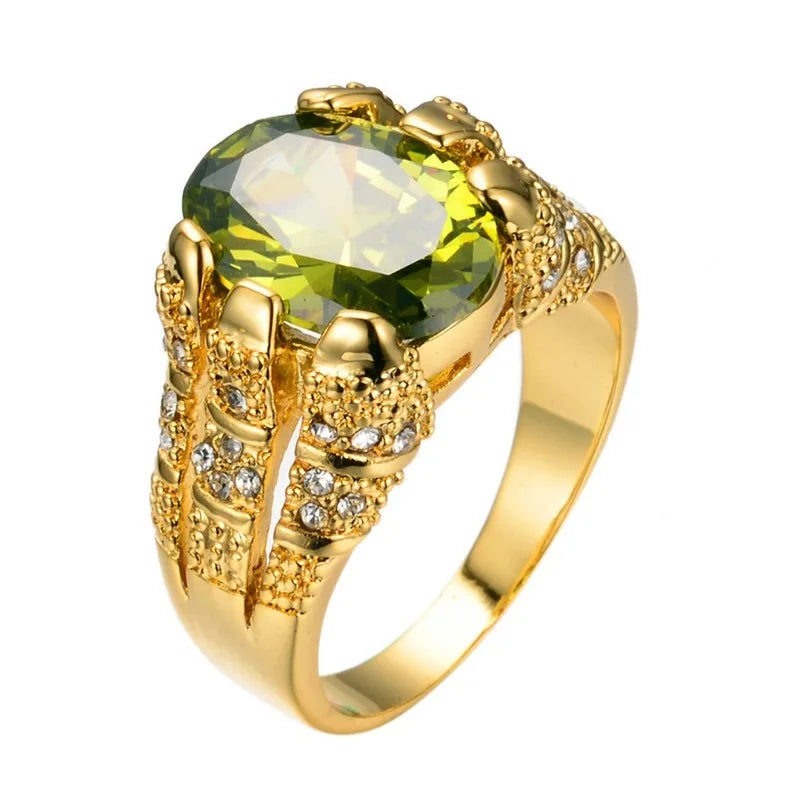 Anel De Dedo Masculino De Peridoto Oval Moda Nova Anel De Pedra De Zircônia De Cristal Grande De Luxo Anéis De Noivado De Promessa De Ouro Amarelo 14K Para Homens
