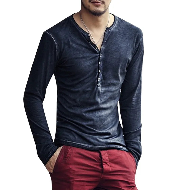 Camiseta Masculina Gola V Manga Longa Estilosa Botões Camiseta Outono 2026 Casual Henley Lisa Roupa Masculina 5XL