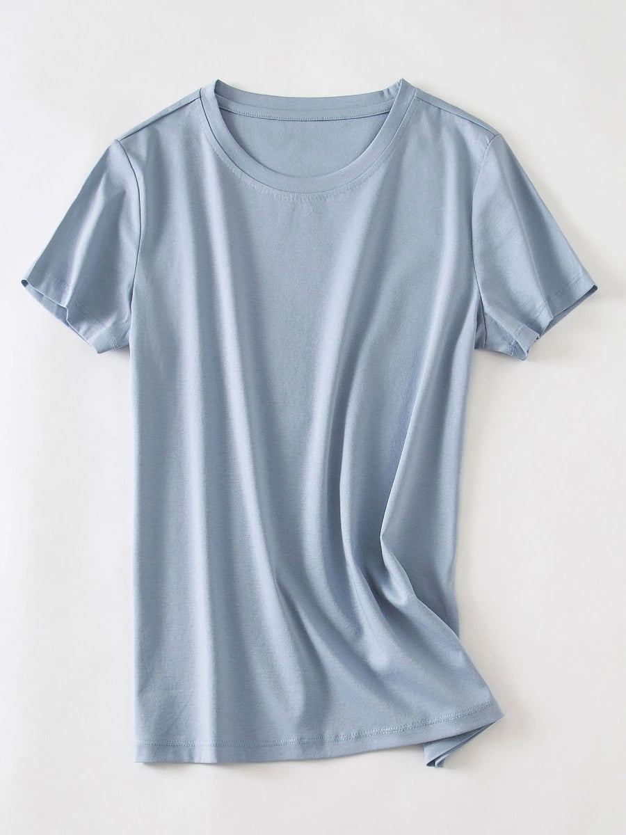 Camiseta Feminina Verão 2026 Gola V Manga Curta Algodão Casual Sólida Top Tees Solta Camisetas Básicas Camisas Femininas Tops Camisetas Femininas - verde escuro gola redonda P