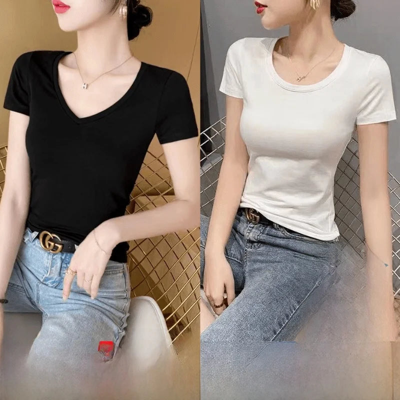 Summer Womens Slim Fit Short Sleeve T Shirt Half Sleeve Base Shirt Versatile Base Layer Top Quality Polyester Fiber Commute - M V white + v white [2-pack]