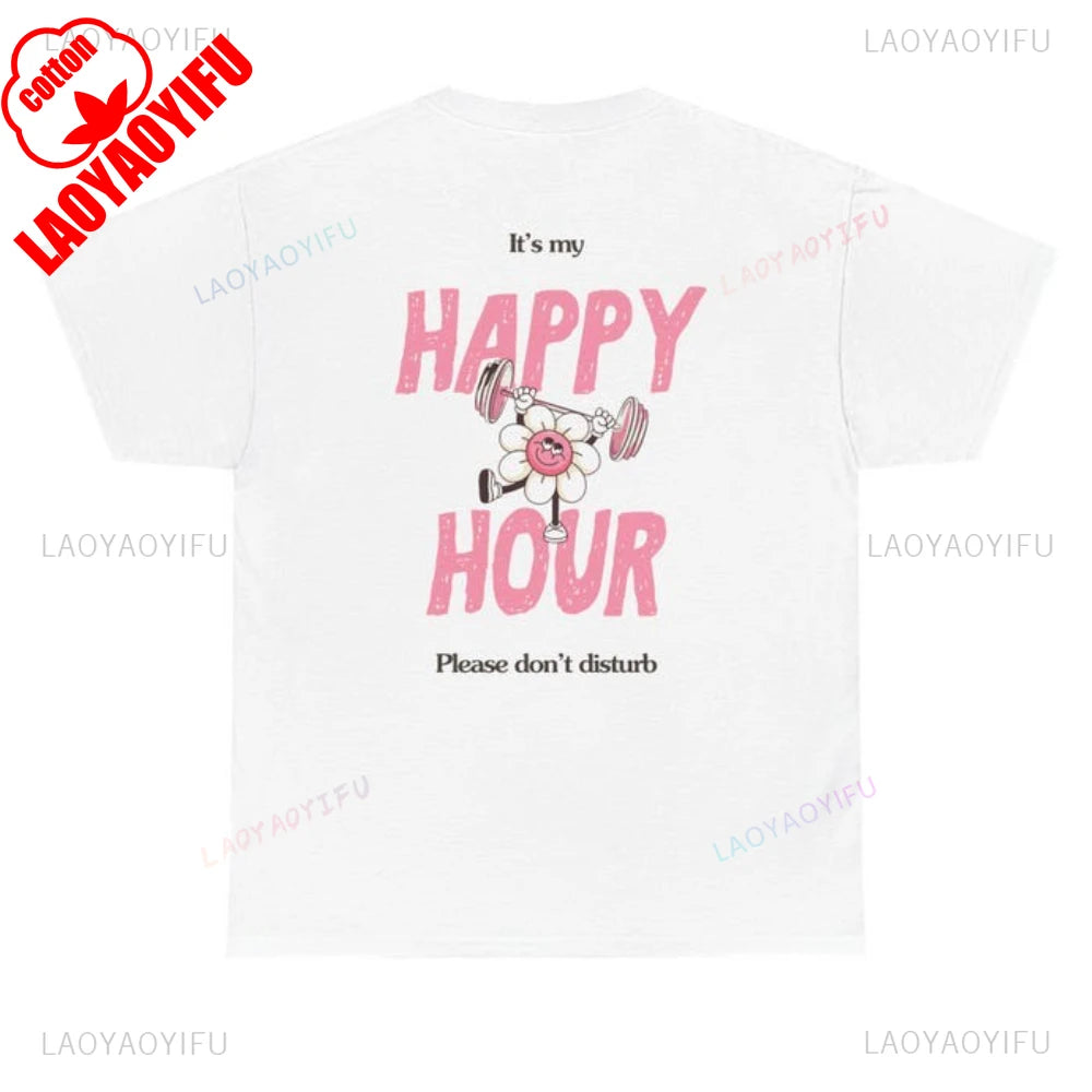 Camiseta Feminina "My Happy Hour Gym Edition" para Mulheres, Camiseta de Ginástica, Pilates, Estilo de Vida Saudável, Ajuste Regular, Presente para Ela, Roupa de Ginástica