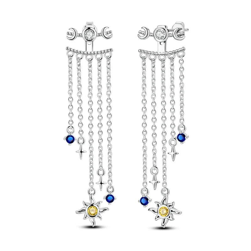 Star Moon Sun Hoop Earrings 925 Sterling Silver Original Star Shining Zircon Tassel Long Earrings For Women Luxury Jewelry Gift