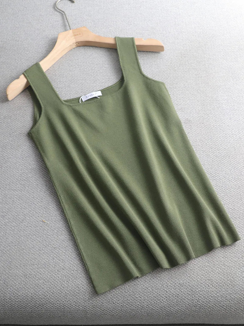 Regata de malha branca de verão com decote U de alta qualidade, chique, básica, feminina, sexy, camiseta sem mangas, top vintage, camiseta casual cropped