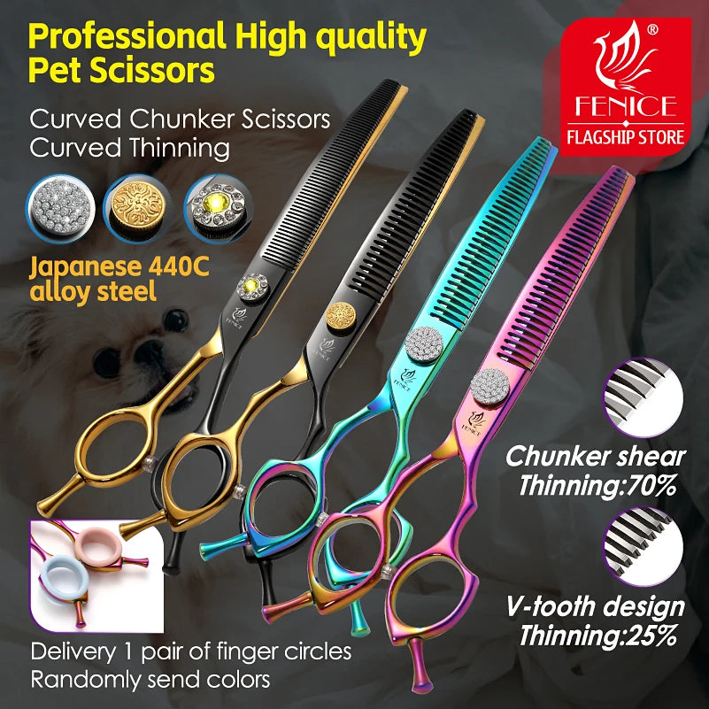 Fenice Grooming Scissors Diamond Screw 7.25 Inch Professional Curved Chunker Scissors Thinner Shears for Pet Beautician Tesoura