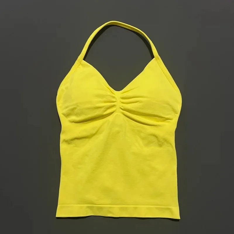 Conjuntos de Academia Femininos 2 Peças Impacto Sem Costura Fitness Yoga Roupa Esportiva Halter Top Shorts Roupa de Treino Corrida Roupa de Academia