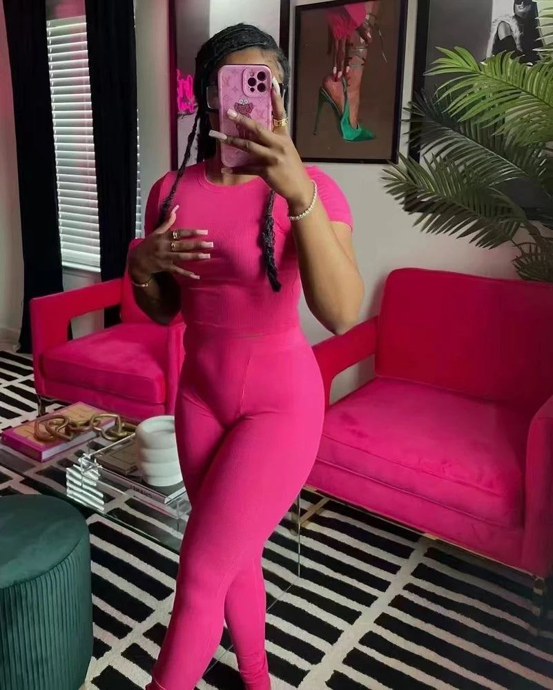 Conjuntos Femininos de Lounge Roupa Ativa 2 Peças Duas Peças Cor Sólida Algodão Canelado Gola Redonda Manga Curta Top Cropped e Legging Conjuntos de Roupa