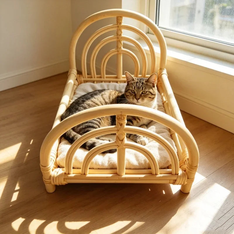 Natural Rattan Cat Bed Frame Handwoven Cat Photography Prop Wicker Pet Sofa Bed for Indoor Cats Mini Photo Shoot Bed for Kittens