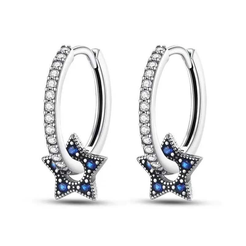 Brinco Feminino de Prata Esterlina 925 com Charm da Série Céu Estrelado Lua Universo Zircônia Brilhante Azul Joia para Uso Diário