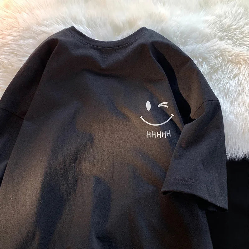 Men Womens Smiling Face Funny Fashion Couple Short Sleeved T Shirt American Basic Simple Oversized Loose Boys Pullover Top - Apricot L