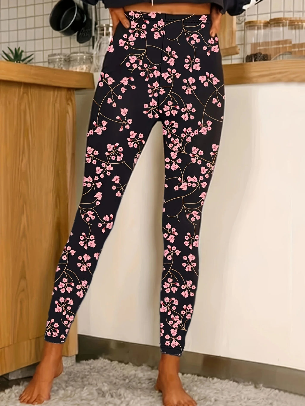 Women's Elegant and Fashionable Floral Print Leggings, Stylish Women's Basic Layer Long Pants